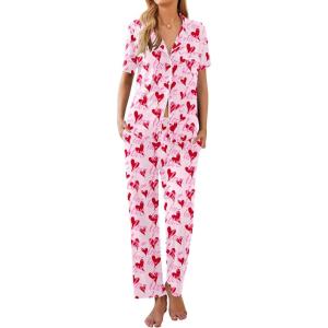 Ekouaer Women Pajamas Set Button Down Sleepwear Short Sleeve Nightwear with Long Pants Soft Pjs Set S-XXL(Pink Heart Ax86)