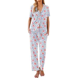 Ekouaer Women Pajamas Set Button Down Sleepwear Short Sleeve Nightwear with Long Pants Soft Pjs Set S-XXL(Pink Leopard)