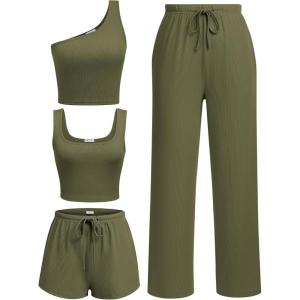 Ekouaer Womens 4 Piece Lounge Sets Ribbed Knit Crop Tank Top and Shorts Pants Casual Outfits(Army Green)