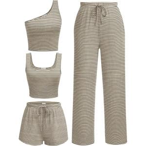 Ekouaer Womens 4 Piece Lounge Sets Ribbed Knit Crop Tank Top and Shorts Pants Casual Outfits(Beige Black Stripe)