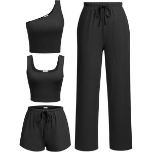 Ekouaer Womens 4 Piece Lounge Sets Ribbed Knit Crop Tank Top and Shorts Pants Casual Outfits(Black)
