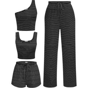 Ekouaer Womens 4 Piece Lounge Sets Ribbed Knit Crop Tank Top and Shorts Pants Casual Outfits(Black White Stripe)