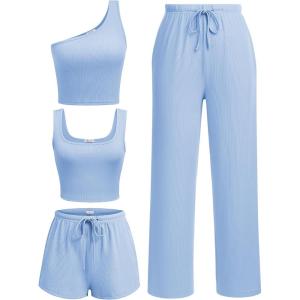 Ekouaer Womens 4 Piece Lounge Sets Ribbed Knit Crop Tank Top and Shorts Pants Casual Outfits(Blue)