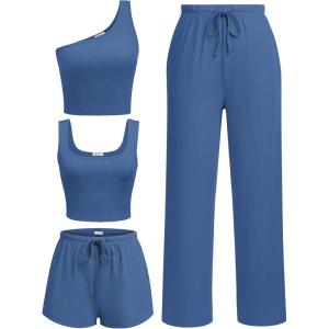 Ekouaer Womens 4 Piece Lounge Sets Ribbed Knit Crop Tank Top and Shorts Pants Casual Outfits(Blue Gray)