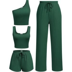 Ekouaer Womens 4 Piece Lounge Sets Ribbed Knit Crop Tank Top and Shorts Pants Casual Outfits(Bright Green)