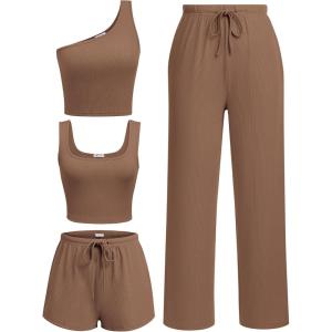 Ekouaer Womens 4 Piece Lounge Sets Ribbed Knit Crop Tank Top and Shorts Pants Casual Outfits(Brown)