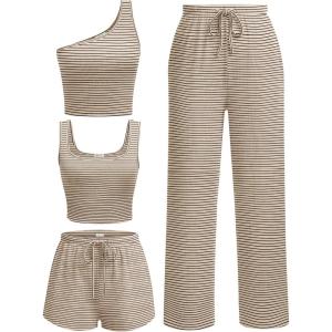Ekouaer Womens 4 Piece Lounge Sets Ribbed Knit Crop Tank Top and Shorts Pants Casual Outfits(Coffee Black Stripe)