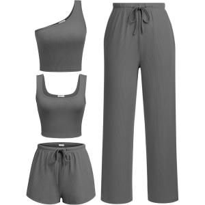 Ekouaer Womens 4 Piece Lounge Sets Ribbed Knit Crop Tank Top and Shorts Pants Casual Outfits(Dark Grey)