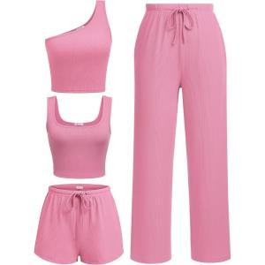 Ekouaer Womens 4 Piece Lounge Sets Ribbed Knit Crop Tank Top and Shorts Pants Casual Outfits(Pink)