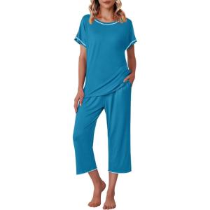 Ekouaer Women’s Capri Pajama Sets Print Short Sleeve Sleepwear Top and Capri Pants Soft Loungewear with Pocket(A_blue Green)
