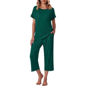 Ekouaer Women’s Capri Pajama Sets Print Short Sleeve Sleepwear Top and Capri Pants Soft Loungewear with Pocket(A_lake Green)