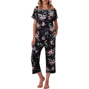 Ekouaer Women’s Capri Pajama Sets Print Short Sleeve Sleepwear Top and Capri Pants Soft Loungewear with Pocket(Black Big Flowers)