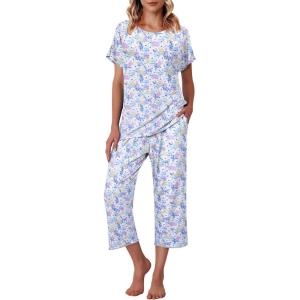 Ekouaer Women’s Capri Pajama Sets Print Short Sleeve Sleepwear Top and Capri Pants Soft Loungewear with Pocket(Blue Flowers)