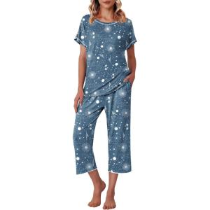 Ekouaer Women’s Capri Pajama Sets Print Short Sleeve Sleepwear Top and Capri Pants Soft Loungewear with Pocket(Blue Meteor)