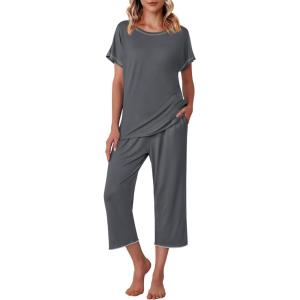 Ekouaer Women’s Capri Pajama Sets Print Short Sleeve Sleepwear Top and Capri Pants Soft Loungewear with Pocket(Dark Grey)