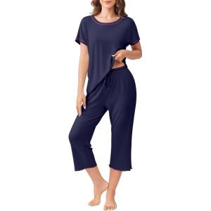 Ekouaer Women’s Capri Pajama Sets Print Short Sleeve Sleepwear Top and Capri Pants Soft Loungewear with Pocket(Fashion Dark Blue)