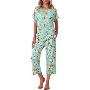 Ekouaer Women’s Capri Pajama Sets Print Short Sleeve Sleepwear Top and Capri Pants Soft Loungewear with Pocket(Green Flowers)