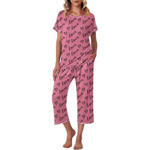 Ekouaer Women’s Capri Pajama Sets Print Short Sleeve Sleepwear Top and Capri Pants Soft Loungewear with Pocket(Love Print)