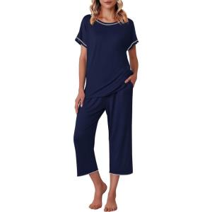 Ekouaer Women’s Capri Pajama Sets Print Short Sleeve Sleepwear Top and Capri Pants Soft Loungewear with Pocket(Navy Blue)