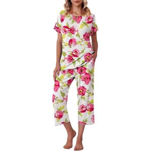 Ekouaer Women’s Capri Pajama Sets Print Short Sleeve Sleepwear Top and Capri Pants Soft Loungewear with Pocket(Pink Big Flowers)