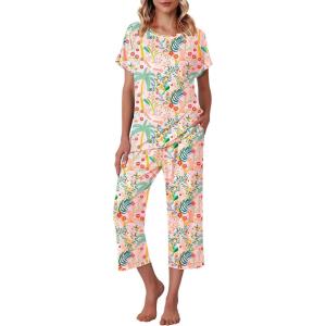 Ekouaer Women’s Capri Pajama Sets Print Short Sleeve Sleepwear Top and Capri Pants Soft Loungewear with Pocket(Pink Flower and Bird Print)