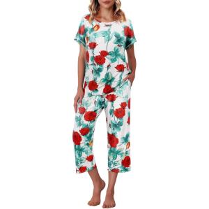 Ekouaer Women’s Capri Pajama Sets Print Short Sleeve Sleepwear Top and Capri Pants Soft Loungewear with Pocket(Red Rose Flowers)