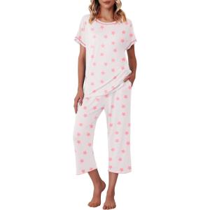 Ekouaer Women’s Capri Pajama Sets Print Short Sleeve Sleepwear Top and Capri Pants Soft Loungewear with Pocket(White Pink Stars)