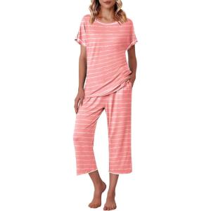 Ekouaer Women’s Capri Pajama Sets Print Short Sleeve Sleepwear Top and Capri Pants Soft Loungewear with Pocket(White Strip)