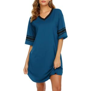 Ekouaer Womens Nightgown Cotton Sleepwear Short Sleeve Sleep Shirt V Neck Color Block Nightshirt(A_blue)