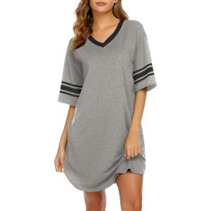 Ekouaer Womens Nightgown Cotton Sleepwear Short Sleeve Sleep Shirt V Neck Color Block Nightshirt(A_grey)