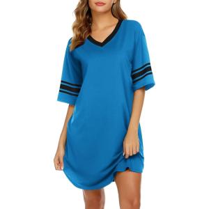 Ekouaer Womens Nightgown Cotton Sleepwear Short Sleeve Sleep Shirt V Neck Color Block Nightshirt(A_light Blue)