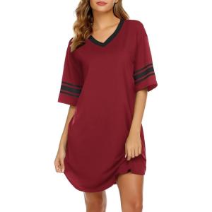 Ekouaer Womens Nightgown Cotton Sleepwear Short Sleeve Sleep Shirt V Neck Color Block Nightshirt(A_wine Red)