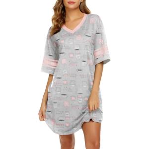 Ekouaer Womens Nightgown Cotton Sleepwear Short Sleeve Sleep Shirt V Neck Color Block Nightshirt(B_coffee Grey)