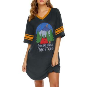 Ekouaer Womens Nightgown Cotton Sleepwear Short Sleeve Sleep Shirt V Neck Color Block Nightshirt(C_dream Grey)