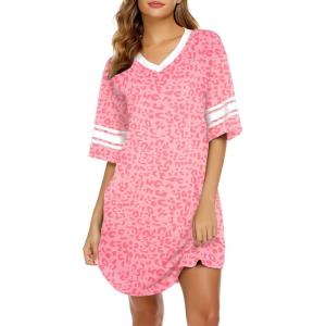 Ekouaer Womens Nightgown Cotton Sleepwear Short Sleeve Sleep Shirt V Neck Color Block Nightshirt(C_leopard Orange)