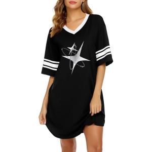 Ekouaer Womens Nightgown Cotton Sleepwear Short Sleeve Sleep Shirt V Neck Color Block Nightshirt(C_star Black)