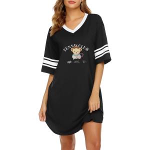 Ekouaer Womens Nightgown Cotton Sleepwear Short Sleeve Sleep Shirt V Neck Color Block Nightshirt(C_teddy Black)