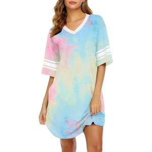 Ekouaer Womens Nightgown Cotton Sleepwear Short Sleeve Sleep Shirt V Neck Color Block Nightshirt(Tie Dye Yellow)