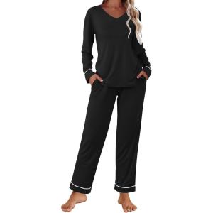 Ekouaer Womens Pajama Sets 2 piece Lounge Sets for Women V-neck Long Sleeve Top and Elastic Waist Pants with Pockets(Black)
