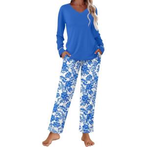 Ekouaer Womens Pajama Sets 2 piece Lounge Sets for Women V-neck Long Sleeve Top and Elastic Waist Pants with Pockets(Blue Floral)