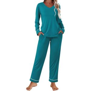 Ekouaer Womens Pajama Sets 2 piece Lounge Sets for Women V-neck Long Sleeve Top and Elastic Waist Pants with Pockets(Blue Green)
