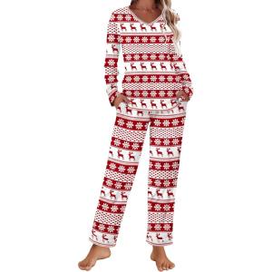 Ekouaer Womens Pajama Sets 2 piece Lounge Sets for Women V-neck Long Sleeve Top and Elastic Waist Pants with Pockets(Christmas Red)