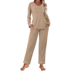 Ekouaer Womens Pajama Sets 2 piece Lounge Sets for Women V-neck Long Sleeve Top and Elastic Waist Pants with Pockets(Dark Khaki)