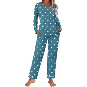 Ekouaer Womens Pajama Sets 2 piece Lounge Sets for Women V-neck Long Sleeve Top and Elastic Waist Pants with Pockets(Green Heart)