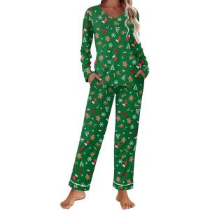 Ekouaer Womens Pajama Sets 2 piece Lounge Sets for Women V-neck Long Sleeve Top and Elastic Waist Pants with Pockets(Green Snowflakes)