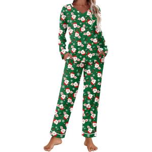 Ekouaer Womens Pajama Sets 2 piece Lounge Sets for Women V-neck Long Sleeve Top and Elastic Waist Pants with Pockets(Green Snowman)