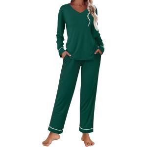 Ekouaer Womens Pajama Sets 2 piece Lounge Sets for Women V-neck Long Sleeve Top and Elastic Waist Pants with Pockets(Lake Green)
