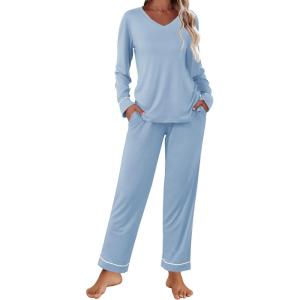 Ekouaer Womens Pajama Sets 2 piece Lounge Sets for Women V-neck Long Sleeve Top and Elastic Waist Pants with Pockets(Light Blue)