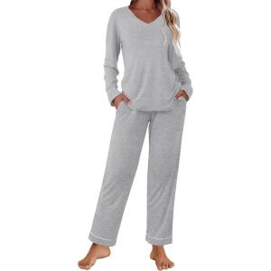 Ekouaer Womens Pajama Sets 2 piece Lounge Sets for Women V-neck Long Sleeve Top and Elastic Waist Pants with Pockets(Light Gray)