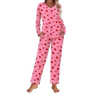 Ekouaer Womens Pajama Sets 2 piece Lounge Sets for Women V-neck Long Sleeve Top and Elastic Waist Pants with Pockets(Lovely Heart)